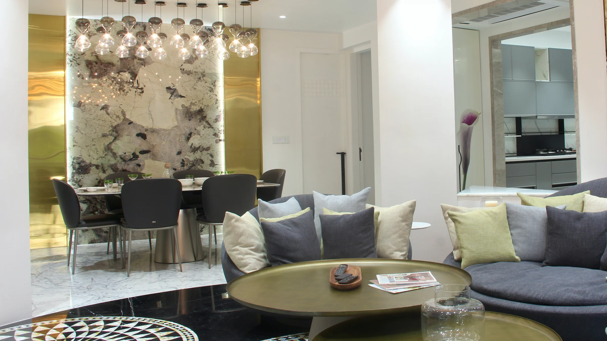 Luxury furniture showroom with premium sofa and sculptural decor